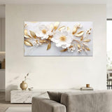 daktenn Large Canvas Wall Art for Living Room Bedroom Office White and Gold Flower Artwork Large Botanical Floral Wall Art Modern Canvas Prints 24x48 Inches