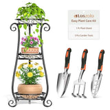 4 Pcs Gardening Set – 3 Tier Black Metal Plant Stand for Indoor Outdoor Large Planters and 3 Pcs Garden Tools Set