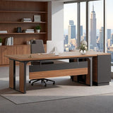 63" Executive Desk, Modern Office Desk with Privacy Panel & Metal Frame, Large Computer Desk for Home Office (Brown & Black, Only Table)