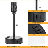 Small Bedside Table lamp for Bedroom - 3 Color Temperatures Bedside Lamps with USB C and A Ports, Pull Chain Table Lamps with AC Outlet