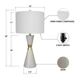 Pemberly Row 30.5" Hourglass Resin & Metal Table Lamps, Matte White Finish with Brushed Gold Band, Linen Shade, 3-Way Switch, Modern Set of 2 for Living Room, Bedroom, or Office