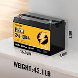 Rvpozwer 24V 100Ah LiFePO4 Battery, Built-in 100A BMS, 2560Wh Deep Cycle