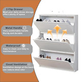 iCHENGGD Shoe Storage Cabinet with 3 Flip Drawers, Hidden Slim Narrow Shoe Rack Cabinet, Wall Mount Metal Shoe Cabinet for Entryway, White