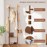 Solid Wood Coat Rack Freestanding Clothing Rack with Wheels & 2 Shelves Storage & 5 Hooks Heavy Duty Clothes Rack Wood Coat Tree Stand Hat Hanger Rack