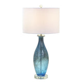 Pemberly Row Contemporary Table Lamps, 30-Inch Blue Tone Art Glass Body with Crystal Base, Linen Shade, 3-Way Switch, Coastal Style for Living Room or Bedroom Lighting, Set of 2