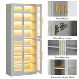 Tribesigns Tall Shoe Cabinet with Acrylic Doors and LED Lights, 8-Tier Shoe Organizer Storage Rack with Adjustable Shelves and Hanging Hooks for Narrow Closet, Hallway, Living Room, Gray (Set of 2)