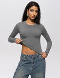 Enerful 2 Piece Women's Long Sleeve Shirts Crew Neck Slim Fitted Going Out Crop Casual Tops Basic Tees,Black Dark Gray X-Large