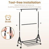 JIEJIERUI Heavy Duty Clothes Rack for Hanging Clothes, Double Rods Clothing Rack with Lockable Wheels, Rolling Garment Racks, Black