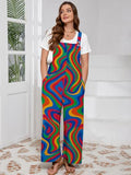AusLook Plus Size Women's Adjustable Straps Jumpsuits Psychedelic Color Flow 2X Casual Loose Wide Leg Overalls with Pockets