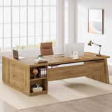 78" L Shaped Desk with Drawers, Large Executive Office Desk with File Cabinet and Shelves, Brown