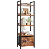 Furologee 5 Tier Bookshelf with Drawer, Tall Narrow Bookcase with Shelves, Rustic Brown