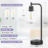 Industrial Touch Table Lamps for Bedrooms Set of 2 - 3-Way Dimmable Nightstand Lamps with USB C+A Ports and Outlet, Black Bedside Lamps