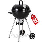 GREEN PARTY 18 inch Kettle Charcoal BBQ Grill with Wheels, Portable Charcoal Grill with Porcelain-Enameled Lid & Ash Catcher, Black