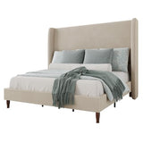 Jocisland King Bed Frame Velvet Upholstered Wingback Headboard, Off-White
