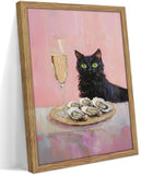 Framed Funny Black Cat Wall Art Champagne Oyster Bar Cart Picture Wall Decor Whimsical Black Cat Poster Print for Dining room Kitchen Living room Home Decoration 12x16in