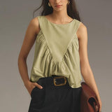 Hixiaohe Shirred Swing Tank Tops for Women Fashion Flowy Sleeveless Shirts Casual Crew Neck Blouse Loose Fit Ruffled Tops(Green,S)
