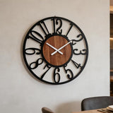 AMAATE 20 Inch Large Industrial Wood Wall Clock, Iron Frame & Artful Cutout Numerals, Silent Battery Operated, Decorative for Modern Farmhouse Living Room Office Dining Room Home Décor Products