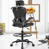 Drafting Chair, Tall Office Chair with 3D Lumbar & Head Support, Ergonomic Mesh Standing Desk Chair with Footring, Comfy Extended High Desk Chair with Flip-Up Arms & Hanger,Black