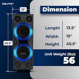 Dolphin High-Power Big Party Speaker – X-BASS, Strobe & LED Infinity Lights, Bluetooth, Wood Cabinet MDF, 2 UHF Wireless Mics, 120W, Long-Lasting Battery for DJ & Karaoke