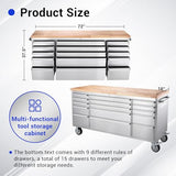 72 inch Tool Chest Tool Box Mobile 15 Drawers Storage Rolling Cabinet with Wheels Lock Key Locking System Drawer