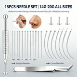 Piercing Ball Grabber Tool, 316L Stainless Steel Removal & Changing Kit, 18Pcs 14G-20G Needle Set, 4 Claw Retractable Design, Non-slip Curved Tweezers, for Pro Piercers, Entry Users & Body Art Fans