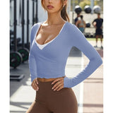 Talakeno Womens Ballet Wrap Tops Cropped Long Sleeve Self Tie Front Shirt Y2K Workout Yoga Pilates Dance Cover Up Blouse(Black+Blue+White,XL)