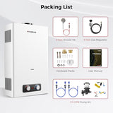 CAMPLUX Tankless Water Heater Outdoor, 4.22 GPM Propane Water Heater with 3.3 GPM Water Pump Kit & Pipe Strainer, for Off Grid, Cabins, 110,000 BTU, BD422P120