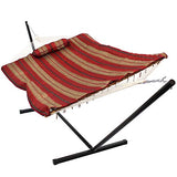 Sunnydaze Rope Hammock with Stand for Outside- 275-Pound Capacity - Includes 12-Foot Hammock Stand, Spreader Bar, Pad, and Pillow - Green Stripe
