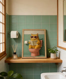 Framed Funny Cat Bathroom Wall Art Orange Cat on Toilet Reading Newspaper Picture Wall Decor Animal Bathroom Poster Print for Restroom Toilet Home Decoration 12x16 in