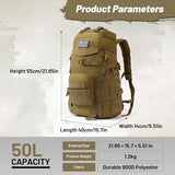 AUMENTAR 50L Tactical Backpack for Men and Women, Water-Resistant Molle Rucksack, Large Military Assault Pack for Hiking, Hunting, Camping, Gym & Outdoor Survival Khaki