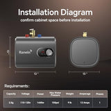 Ranein 2.5 Gallons Electric Mini Tank Water Heater, 120V, Instant Hot Water for Point of Use, Easy Installation, Compact Under Sink Design, Floor Mounting, Idea for Daily Use of Kitchen and Bathroom