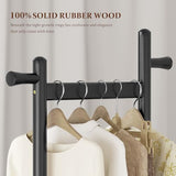 Solid Wood Coat Rack Freestanding Clothing Rack with Wheels & 2 Shelves Storage & 5 Hooks Heavy Duty Clothes Rack Wood Coat Tree Stand Hat Hanger Rack