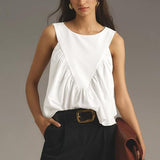 Hixiaohe Shirred Swing Tank Tops for Women Fashion Flowy Sleeveless Shirts Casual Crew Neck Blouse Loose Fit Ruffled Tops(Pure-White,M)