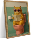 Framed Funny Cat Bathroom Wall Art Orange Cat on Toilet Reading Newspaper Picture Wall Decor Animal Bathroom Poster Print for Restroom Toilet Home Decoration 12x16 in