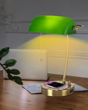 Newrays Green Glass Bankers Desk Lamp with Wireless Charger, USB Charging Port for Home Office,Stepless Dimmable Table Lamp Plug in Fixture