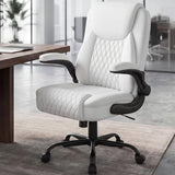 GTPOFFICE Executive Office Chair with Comfortable Lumbar Support, Ergonomic Gaming Chair with Flip-up Armrests & Zoned Pressure-Relief Cushion, Comfy PU Leather Desk Chair, White