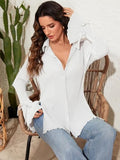 AUGCONE Women's Button-Down Shirts Casual V Neck Collar Long Blouses with Bell Sleeve(White, XXL