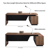 Retractable L-Shaped Executive Desk, Modern Office Desk with locking Drawers