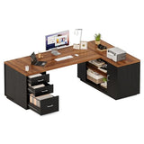 87-Inch Modern Executive Desk with File Cabinet, Large Home Office Desk with Drawers, 3-Drawer Wooden File Cabinet (Brown & Black)