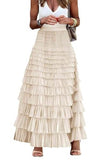 Mincib Womens Long Tulle Skirt A Line Ruffle Tiered Layered Skirts High Waisted Flowy Fairy Maxi Skirts(Beige, M)