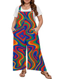 AusLook Plus Size Women's Adjustable Straps Jumpsuits Psychedelic Color Flow 2X Casual Loose Wide Leg Overalls with Pockets