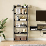 Rolanstar Bookshelf 6 Tier with 4 Hooks, Industrial Wood Bookcase, Vintage Storage Rack with Open Shelves, Black