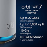 NETGEAR Orbi 970 Series Quad-Band WiFi 7 Mesh Network System (RBE973S), Router + 2 Satellite Extenders, Security Features, Up to 27Gbps, Covers Up to 10,000 sq. ft., 200 Devices, 10 Gig Internet Port