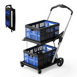 2 Tier Multi Use Foldable Shopping Cart with 2 Storage Crates,Folding Shopping Trolley Utility Cart for Office,Groceries, Warehouse,Supermarket