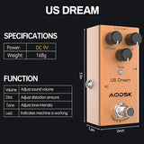AODSK Electric Guitar Effect Pedal, Strong Distortion, Tone, Dist, Volume,True Bypass, 9V DC（US Dream）