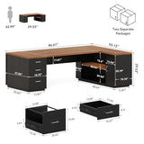 87-Inch Modern Executive Desk with File Cabinet, Large Home Office Desk with Drawers, 3-Drawer Wooden File Cabinet (Brown & Black)