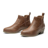 Athlefit Women's Chunky Low Heel Slip On Short Ankle Boots Brown Size 6