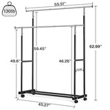 VICERII Double Clothing Rack, 130LB Capacity Heavy Duty Garment Rack with Wheels and Bottom Shelf, 55.51 Inch Long Rolling Clothes Racks, Black