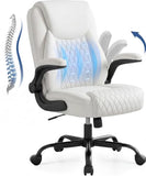 GTPOFFICE Executive Office Chair with Comfortable Lumbar Support, Ergonomic Gaming Chair with Flip-up Armrests & Zoned Pressure-Relief Cushion, Comfy PU Leather Desk Chair, White