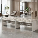 Modern White Waiting Room Bench with Open Storage Shelf